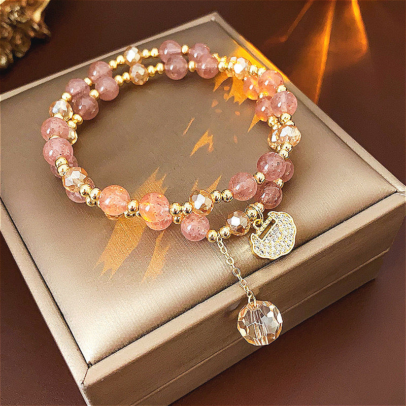 Double Layer Rainbow Stone Beads Bohemian Crystal Bracelet，Shiny Longevity Lock Charm，Sweet and Fashionable Strawberry Stone Bracelet，Suitable for Women to Wear