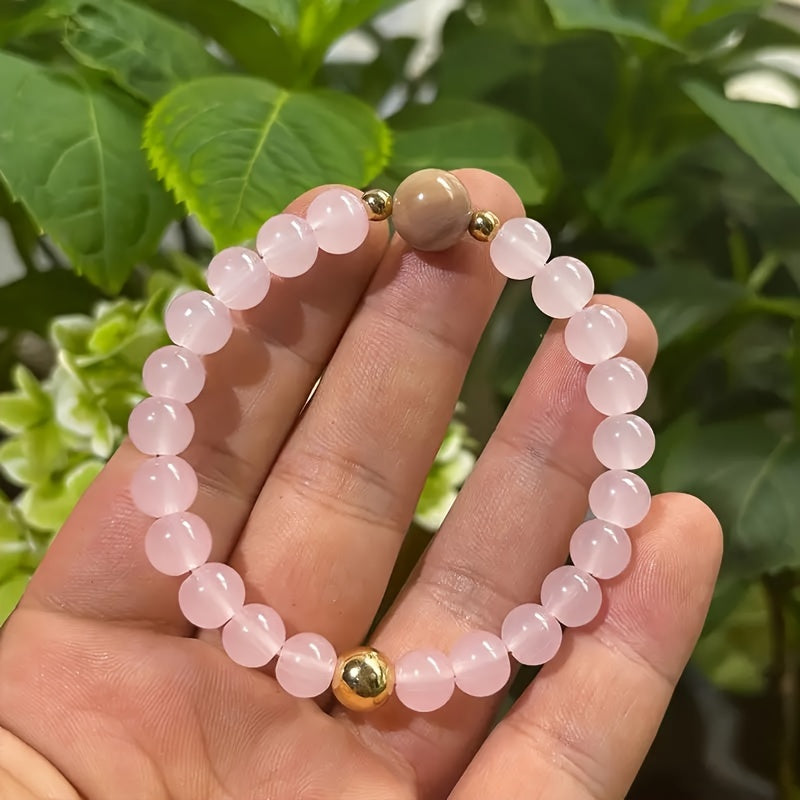 Bohemian Style Natural Rose Stone British and Moonstone Stretch Bracelet，Lovely February Born Stone Jewelry Attracting Love，Perfect Daily Wear and Gift Accessories，No Coating - Suitable for All Seasons，Ideal Choice for Valentine's Day - 1Pieces