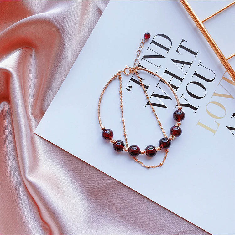 Natural Claret Garnet Bracelet for Women14k Gilded Double Layer lolita Student Korean Style Fashion Simple