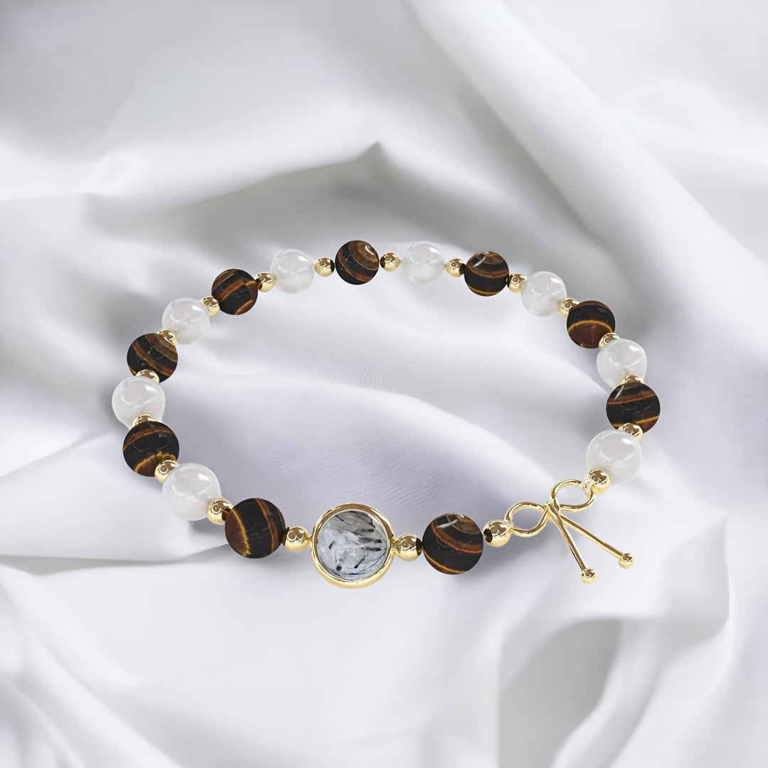 Elegant French Style Tiger Eye and Rock Quartz Bracelet，Gold Plating14K - A Perfect Christmas Gift，Multifunctional Daily Accessories，Enhance Courage and Confidence，Relieve Stress，Ideal Birthday Gift，Suitable for Women and Mothers