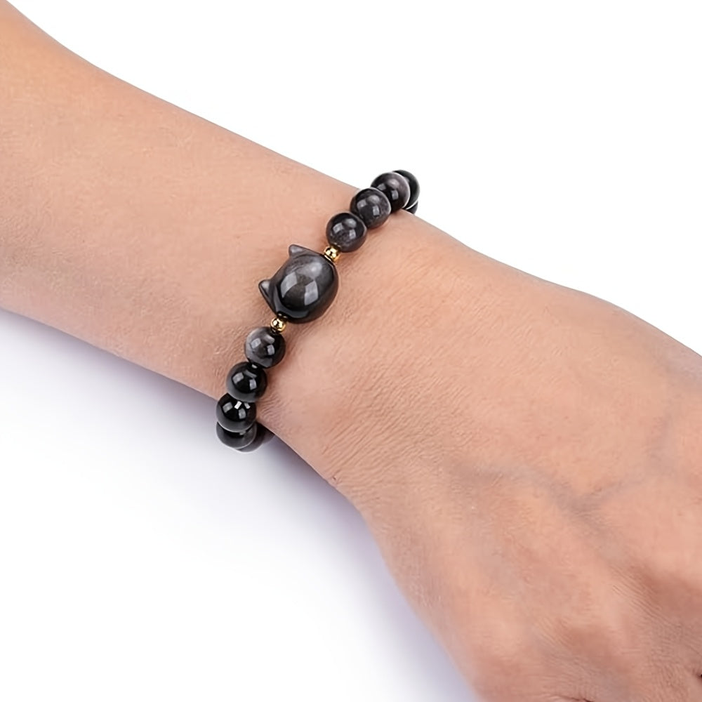 1pc VAVICORE Crystal Cat Bracelet，8mm Natural Stone Beads，Stretch Silver Gloss Obsidian Jewelry，Lovely Good Luck Gifts for Women and Men，Valentine's Day Accessories