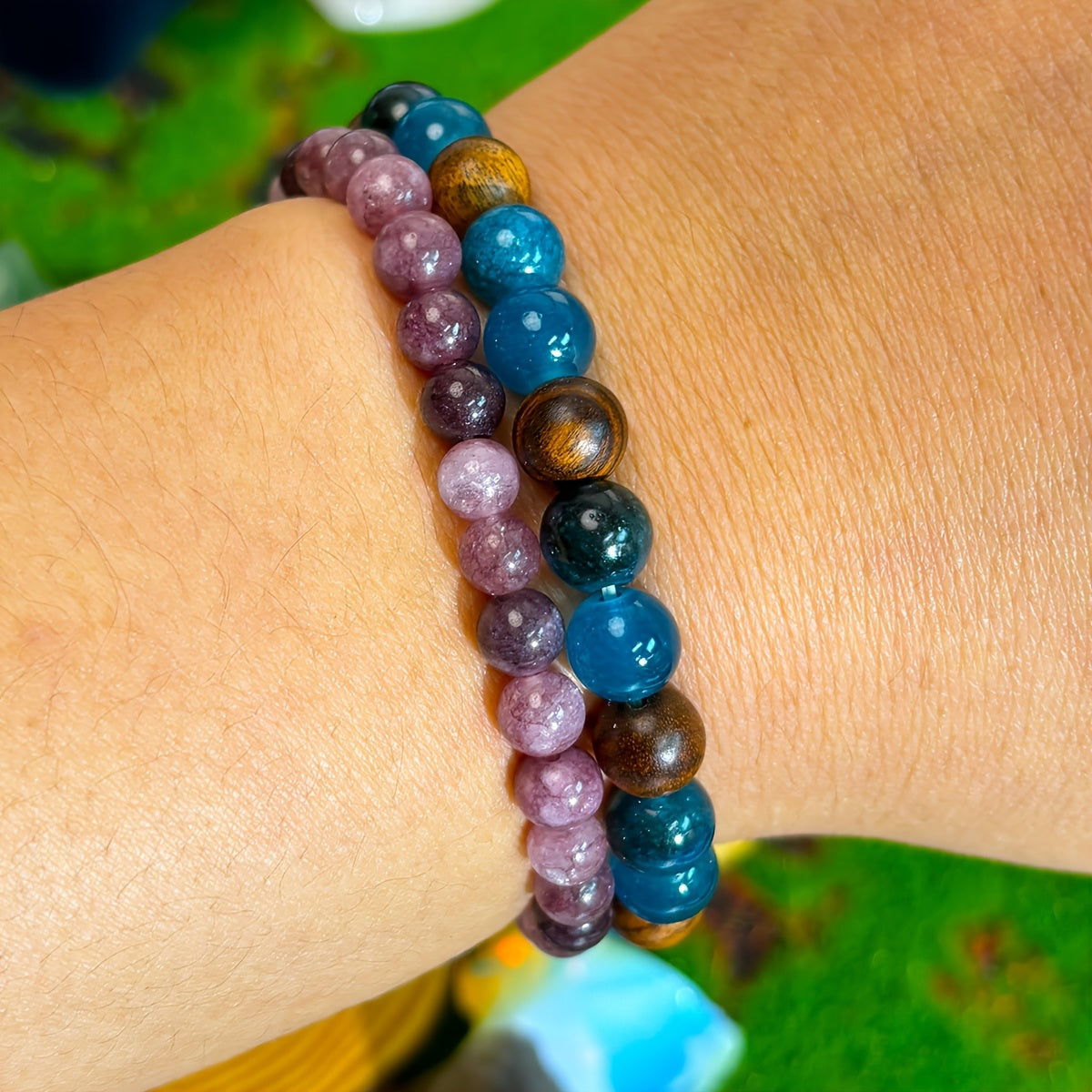 1 Bohemian Blue Apatite and Wood Beads Bracelet - Unisex Calm、Self-Control Support |Elasticity、Colorful Beaded Jewelry，Suitable for Daily Wear and Holiday Gifts