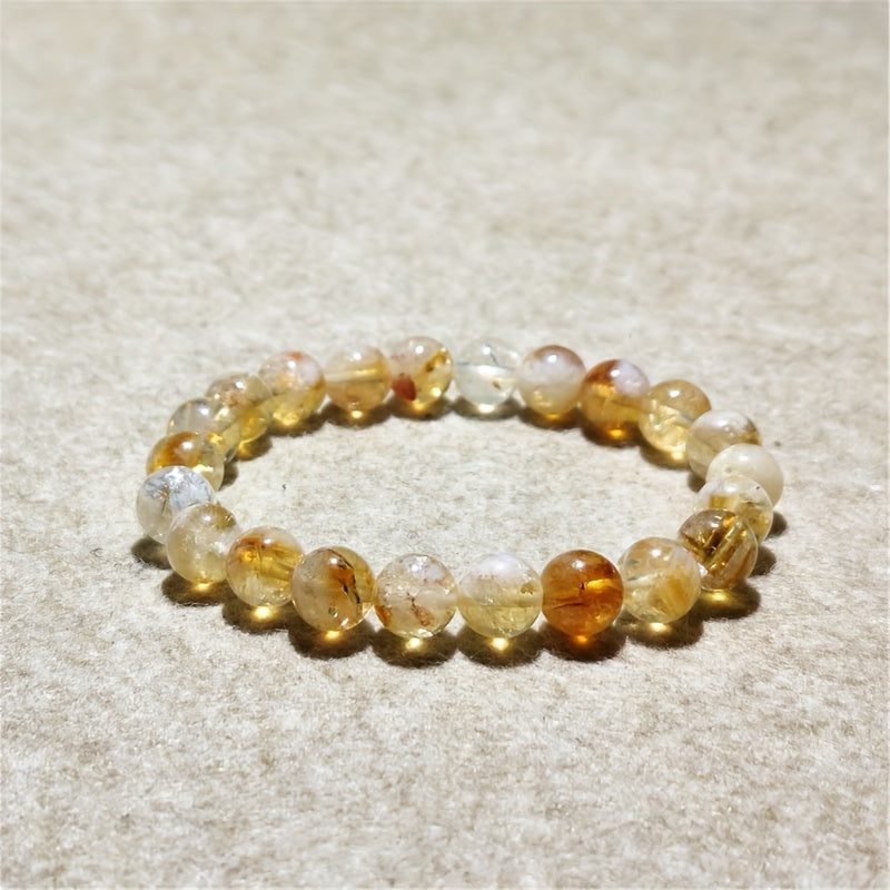 1 Natural Citrine Beads Bracelet，8 Millimeter Yellow Elastic Hand Weaving Bracelet，Suitable for Men