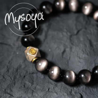 MYSOYA Bohemian Style Silver Obsidian Bracelet，Configuration10mm Beads - Elegant Gift Box Included，Suitable for Birthday、Anniversary、Wedding and Other Occasions