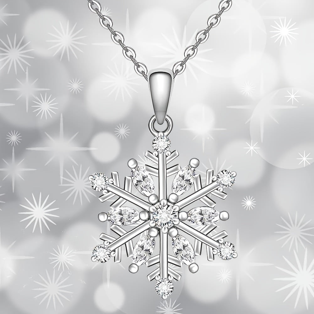 Women's Snowflake Necklace，925 Sterling Silver Winter Snowflake Pendant Necklace，Snow White Square Crystal Zirconia Friendship Jewelry Christmas Holiday Gift