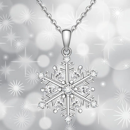 Women's Snowflake Necklace，925 Sterling Silver Winter Snowflake Pendant Necklace，Snow White Square Crystal Zirconia Friendship Jewelry Christmas Holiday Gift