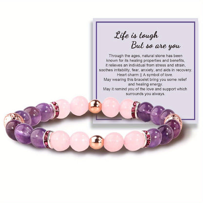 Natural Stone Healing Protection Bracelet，Early Recovery Gift，Gift for Women's Healing Ideas after Surgery，Soothing Bracelet with Meaning Information Card，Gift Box（Amethyst+Rose Quartz）