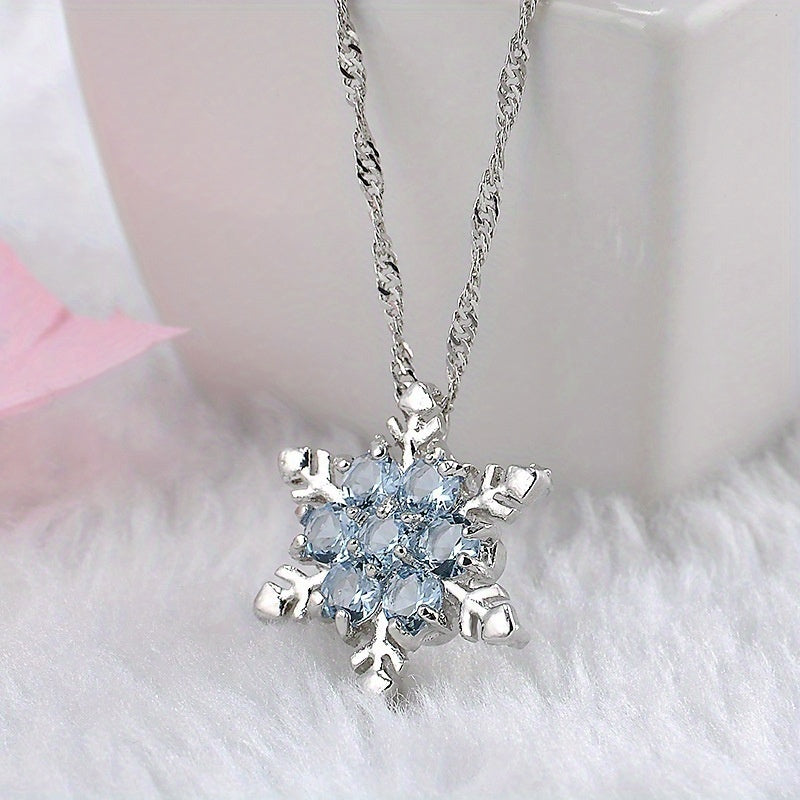 925 Silver Exquisite Blue Crystal Snowflake Flower Pendant Necklace - Unique and Elegant Romantic Occasion Jewelry Gift，Exquisite Design，Shining Crystal Embellishment