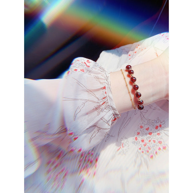 Natural Claret Garnet Bracelet for Women14k Gilded Double Layer lolita Student Korean Style Fashion Simple