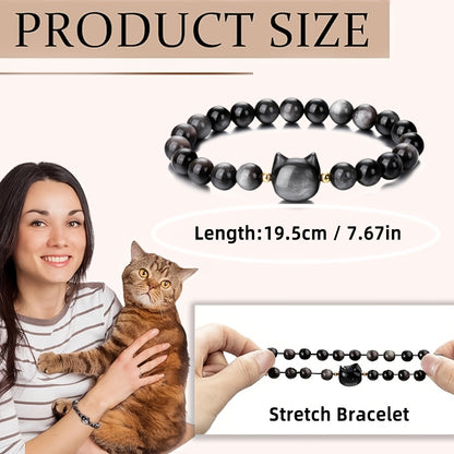 1pc VAVICORE Crystal Cat Bracelet，8mm Natural Stone Beads，Stretch Silver Gloss Obsidian Jewelry，Lovely Good Luck Gifts for Women and Men，Valentine's Day Accessories