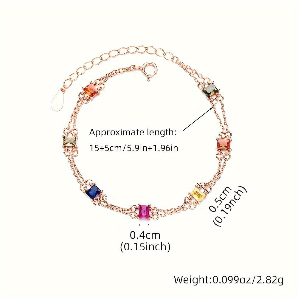 1Pieces 925Sterling Silver Seven-Color Gem Double-Layer Bracelet Women's Special-Interest Design Fashion Women's Stylish Pendant Bracelet Holiday Birthday Gift （0.099oz/2.82g）