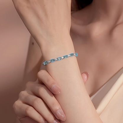 925Sterling Silver High-Grade Simple Exquisite Fashion Elegant Sterling Silver Sea Blue Artificial Gemstone Crystal Bracelet，Women's Bracelet，Anti-Allergy，Anniversary Birthday Gift，Exquisite Gift Packaging