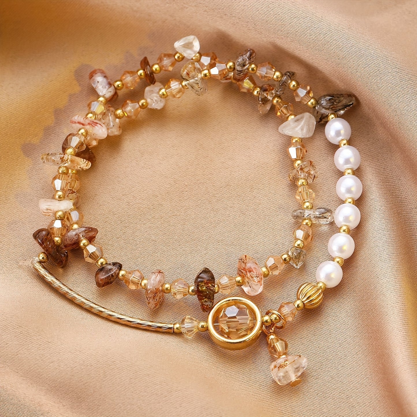 Double-Layer Natural Stone Color Crystal Bracelet，Women's Irregular Imitation Pearl Bracelet，Fine Jewelry Gift。