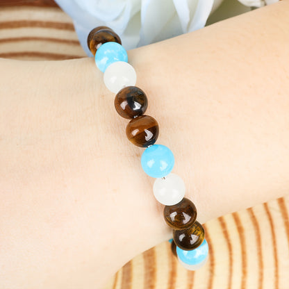 Tiger Eye White Crystal and Artificial Aquamarine Beaded Stackable Bracelet- Enhance Confidence and Good Luck，Couple，Men's and women's accessories- For Relatives、Perfect Valentine's Day Jewelry Gift for Friends and Family