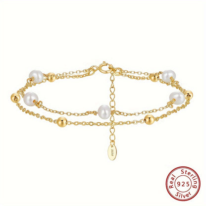 Exquisite925Sterling Silver Double-Layer Bracelet，With Natural Freshwater Pearls，14K Gold Plating - Simple Double Strand Chain Pearl Bracelet，Suitable for Women's Daily Wear and Vacation，Valentine's Day Gift GPB32