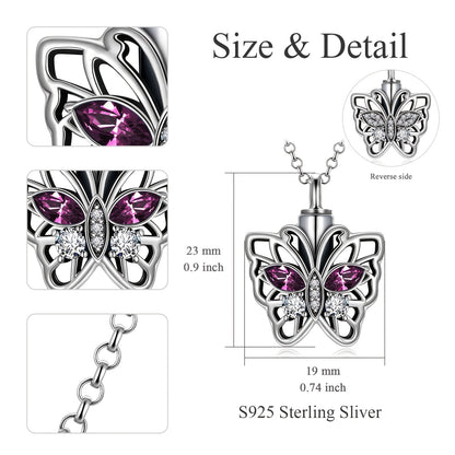 Elegant925Sterling Silver Heart-Shaped、Flower and Butterfly Design Urn Necklace - Austrian Crystal Decoration Souvenir，Perfect Commemorative Gift for Women，Best Choice for Christmas