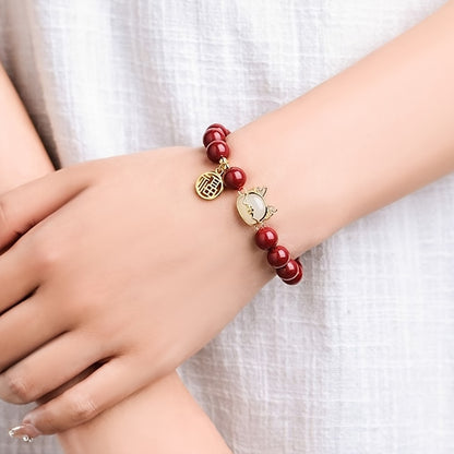 Fashion Bohemian Style Cinnabar Beads Bracelet with Lucky Charm Pendant - Perfect Gift，Suitable for Daily Wear and Party