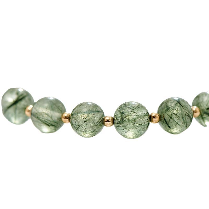 Natural Hair Crystal Green Quartz Rutilated round Beads Single Ring Bracelet DIY Original Handmade Matching14K Gilded Korean Refreshing Stylish