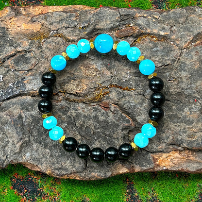 Bohemian Style Aquamarine and Obsidian Beaded Bracelet - Valentine's Day Fashion Jewelry Gift