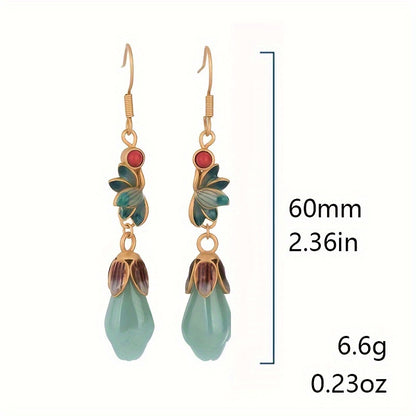 A Pair of Tribal Luxury24K Gold Plated Copper Earrings，with Imitation Jade Inlaid and Agate Pendant，Suitable for Women to Wear - Hypoallergenic Nickel-Free Stud Earrings，Suitable for Daily and Banquet Wear，Jewelry Suitable for All Seasons