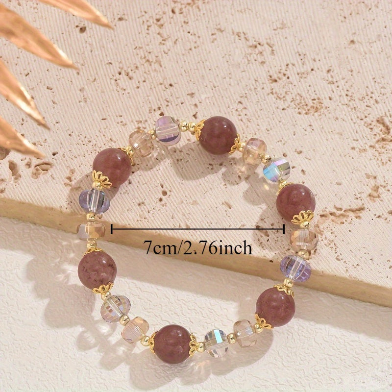 Pink Natural Stone Crystal Elastic Bracelet，Handmade，Fine gifts，French Romantic Style，Fashion Casual Retro Trend，All-Matching Daily Commuter Street Lying Holiday Wear