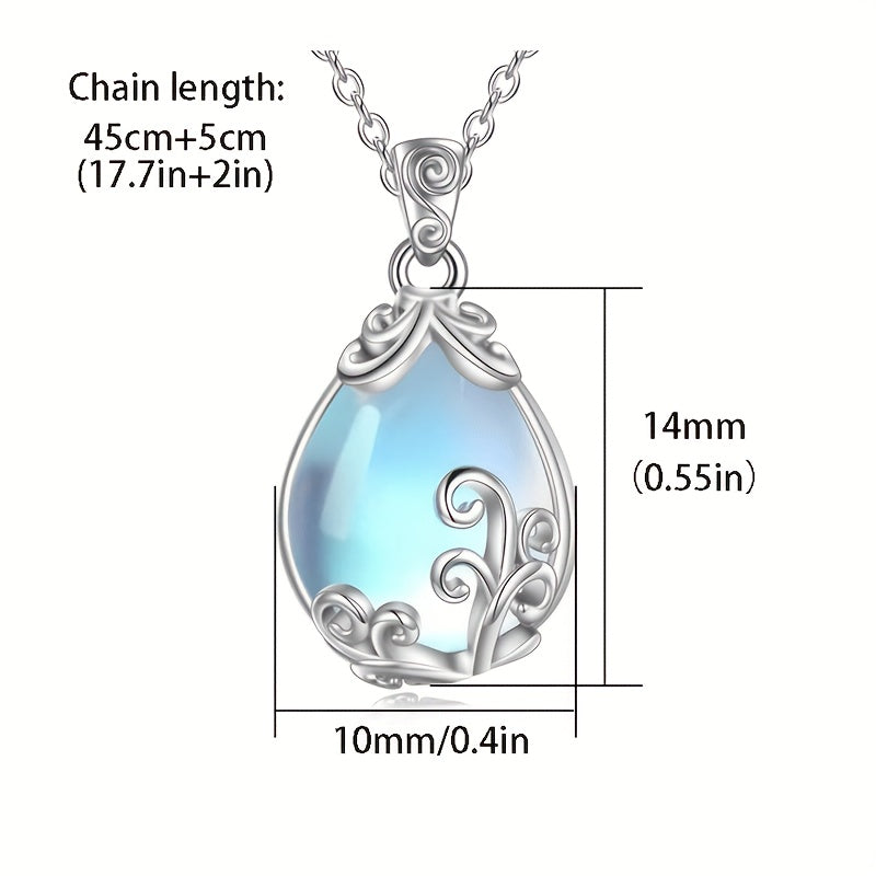 Elegant Sterling Silver S925 Necklace，With Moonstone Pendant and Teardrop Charm，Anti-Allergy 4.5 Gram - Perfect for Everyday Wear and Gift Giving，Moonlight，Women's Jewelry