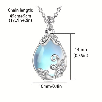 Elegant Sterling Silver S925 Necklace，With Moonstone Pendant and Teardrop Charm，Anti-Allergy 4.5 Gram - Perfect for Everyday Wear and Gift Giving，Moonlight，Women's Jewelry