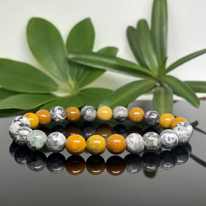 7.09 Inch Bracelet，With Map Stone and Egg Yolk Stone - Symbolic Charm、Courage、Confidence、Imagination and Creativity - Balance Positive Energy and Negative Energy