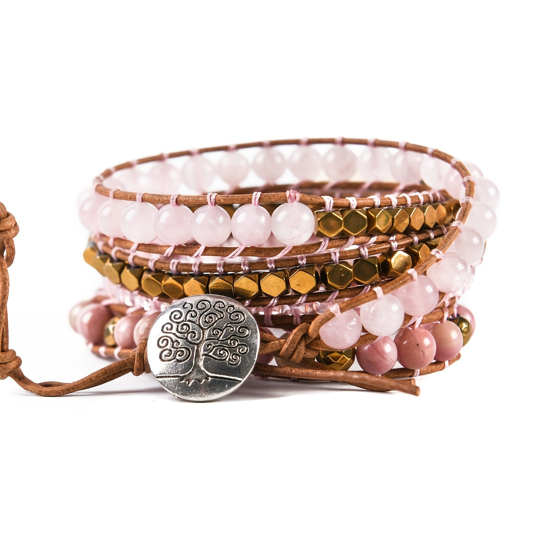 Bohemian Retro Rose Quartz Center Stone5String Woven Hand-Wound Bracelet Ornament