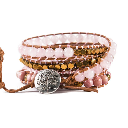 Bohemian Retro Rose Quartz Center Stone5String Woven Hand-Wound Bracelet Ornament