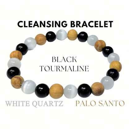 1pc Clean Bracelet White Quartz Black Tourmaline and Palo Santo 8mm Round Purified Crystal Stretch Stone Bracelet