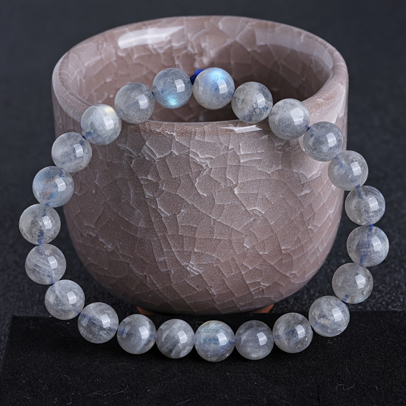 Zen Inspiration，Men's Fashion8mm Natural Labradorite Beaded Bracelet - Blue Light and Gray Moonstone，Suitable for Daily Wear Or Christmas Gifts