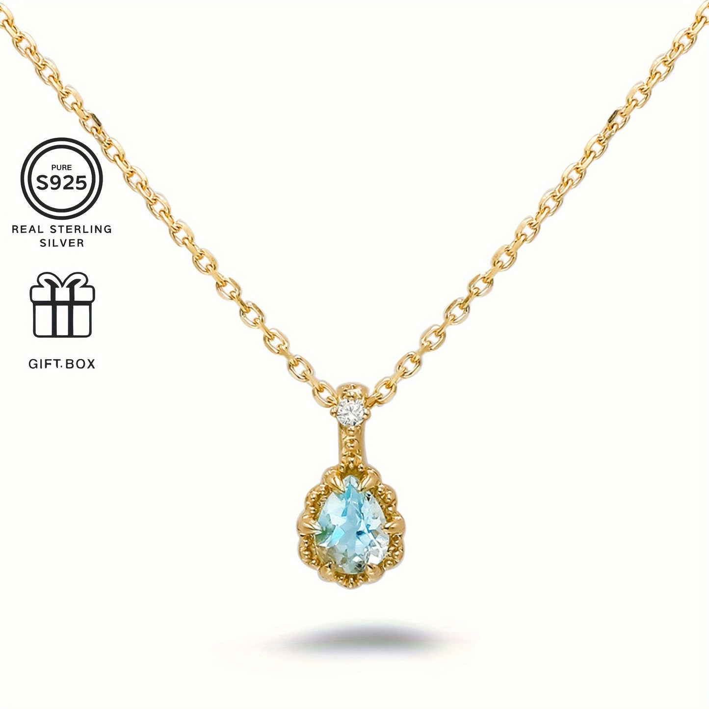 One Piece SEVENMOONS 14K Gold Plating S925 Silver Necklace，With Natural Aquamarine and Zircon，Elegant Light Luxury Pendant，Suitable as Thanksgiving Day、Valentine's Day、Romantic Gifts for Halloween and Christmas