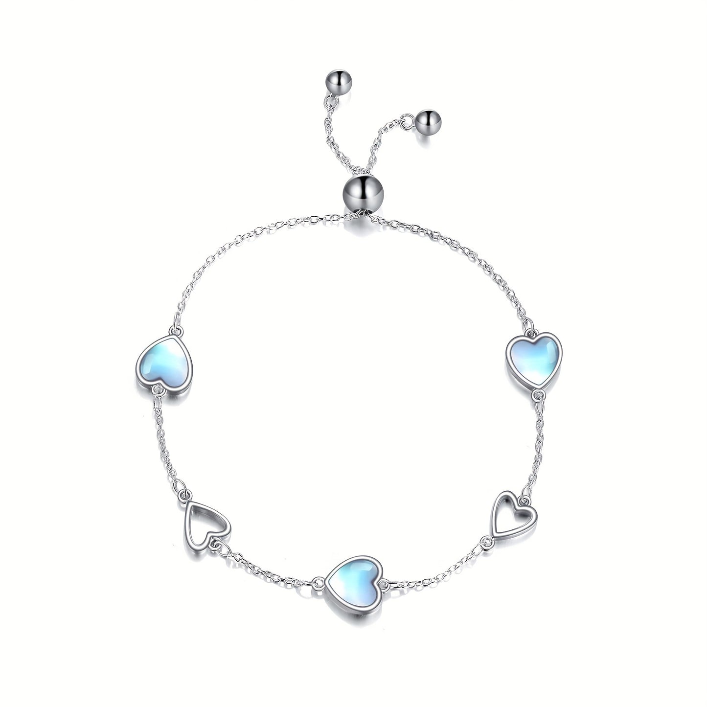 Elegant925Sterling Silver Bracelet，With Heart-Shaped Pendant，White-Plated Adjustable Chain，Inlaid Moonstone，Suitable for Daily Wear and Gift Giving。