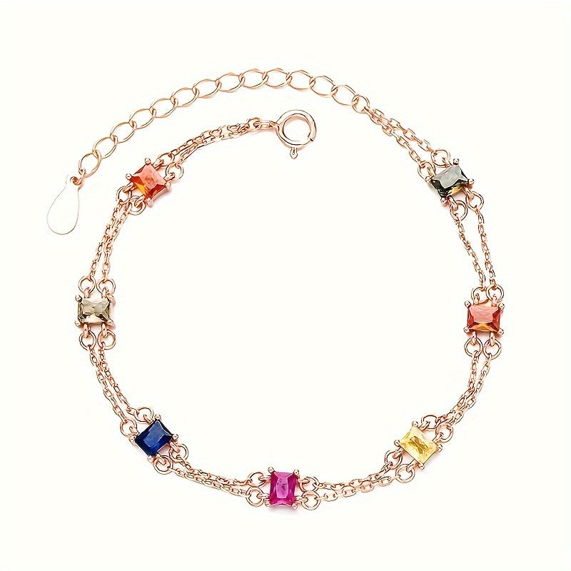 1Pieces 925Sterling Silver Seven-Color Gem Double-Layer Bracelet Women's Special-Interest Design Fashion Women's Stylish Pendant Bracelet Holiday Birthday Gift （0.099oz/2.82g）