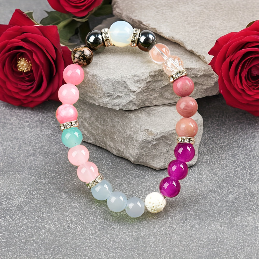 Handmade Crystal Bracelet - Rose Quartz、Tigereye and Mixed Gems，Bohemian Style Cute Elastic Jewelry，April Birthday Stone，Suitable for Daily Wear and Gifts，Christmas Preparation，Full of Prosperity Energy