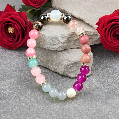 Handmade Crystal Bracelet - Rose Quartz、Tigereye and Mixed Gems，Bohemian Style Cute Elastic Jewelry，April Birthday Stone，Suitable for Daily Wear and Gifts，Christmas Preparation，Full of Prosperity Energy