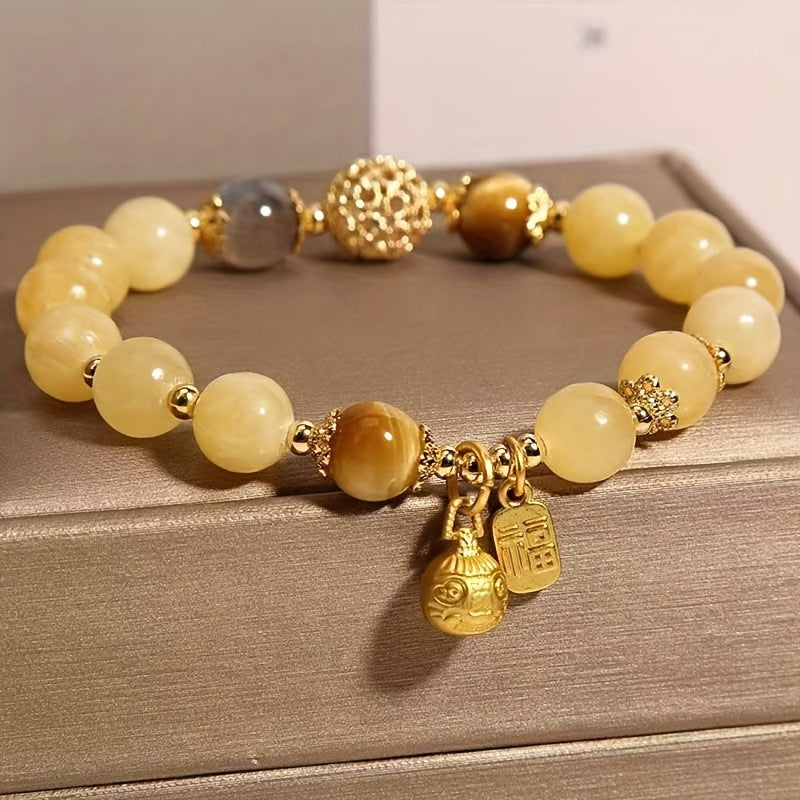 Elegant Citrine Beads Bracelet with Gold Beast Charm - Retro Style Women's Fashion Accessories，Suitable for Casual Wear and Gifts