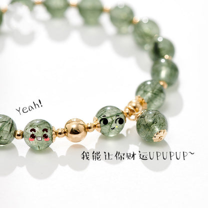 Natural Hair Crystal Green Quartz Rutilated round Beads Single Ring Bracelet DIY Original Handmade Matching14K Gilded Korean Refreshing Stylish