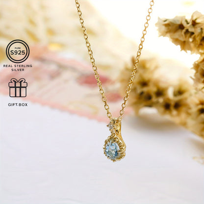 SEVENMOONS Elegant Aquamarine Pendant Necklace - Handmade，14K Gold Plating，925 Sterling Silver，Inlaid Zircon，Fashion Personalized Jewelry，Suitable for Thanksgiving、Valentine's Day、Halloween and Christmas Gifts