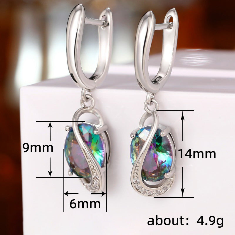 Gorgeous and Exquisite New Colorful Stone Earrings Ear Clip Mid-Length Style Elegant Oval Imitation Gemstone Earrings European and American Avant-Garde Style Pendant