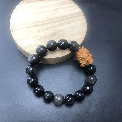 Lucky Charm Couple Bracelet - Silver Obsidian and Sandalwood，Fashion Men's Accessories