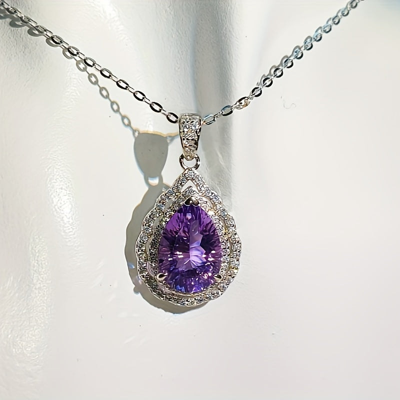 S925Silver Drop Pendant，Central Inlay6Carat Amethyst，18K Gold Coating，Elegant Vintage Style Necklace，Suitable for Gifts、Party and Daily Wear - Suitable for All Seasons、Carnival and Sexy Vacation Style