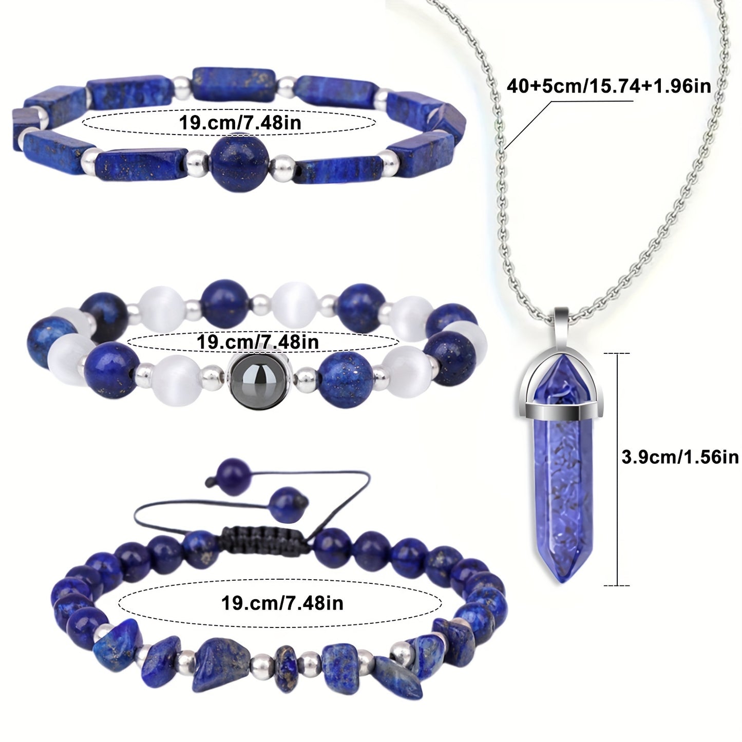 4 Lapis Lazuli Ladies' Bracelet and Necklace，8 mm Couple round Lapis Lazuli Bracelet and Necklace Set，Healing Crystal Stone Beaded Bracelet Gemstone Bracelet Protection Bracelet for Women Men Gift