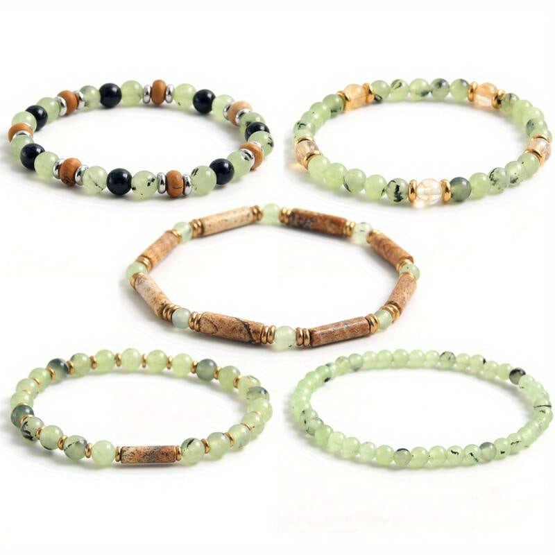 Natural Stone Prehnite Cylindrical Pattern Stone Beaded Bracelet Niche Design Vintage Accessories