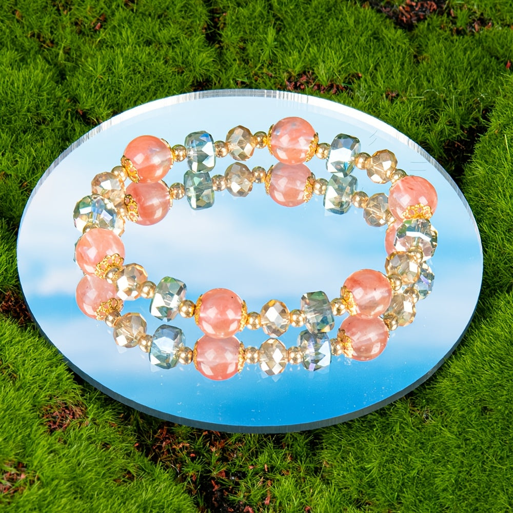 【Holiday Gift】Women's Lucky Crystal Bracelet - Attract Good Luck and Wealth，Perfect Gift for Birthday and Special Occasions，Ideal for Casual Clothing，Solid Bead Design with Faceted Pink and Blue Gems，Golden Tone，ARPURRAINA