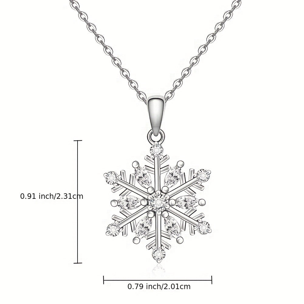 Women's Snowflake Necklace，925 Sterling Silver Winter Snowflake Pendant Necklace，Snow White Square Crystal Zirconia Friendship Jewelry Christmas Holiday Gift