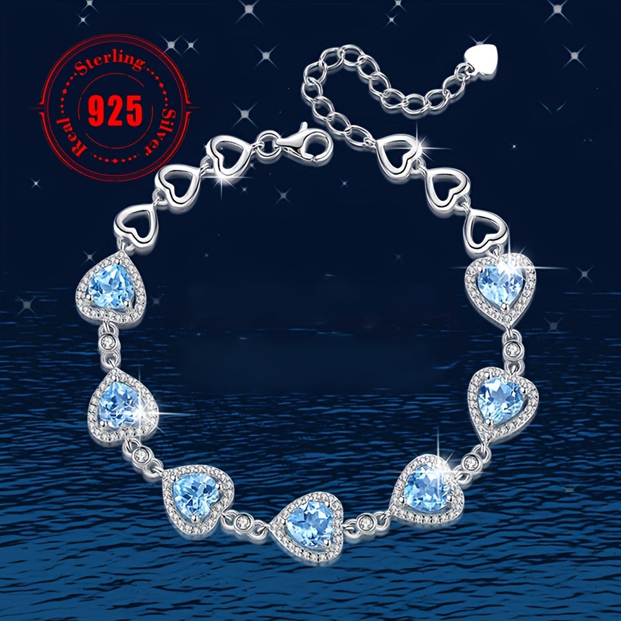 1Pieces925Sterling Silver Low Sensitivity Blue Sea Heart Inlaid Zirconia Fashion Elegant Sexy Beach Vacation Women's Fashion Bracelet（Total Weight6.8Gram）