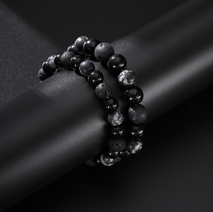 Vintage Style Black Volcanic Rock Beaded Bracelet with Stainless Steel Cross Pendant - Natural Crystal，Suitable for Couples and Casual Wear