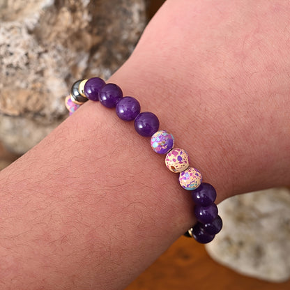 1pc Handcrafted Imperial Jasper & Amethyst Bead Bracelet - Elastic, Fragrance-Free Jewelry for Inner Peace & Confidence, Purple and Golden with Decorative Accents